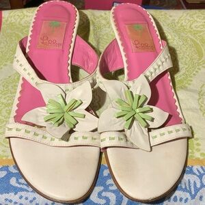 Lilly Pulitzer Pink and White Sandal All leather. Green weave and flower. 10 M